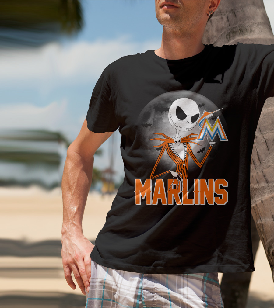 Jack Skellington Miami Marlins Halloween Moon Bat T-Shirt