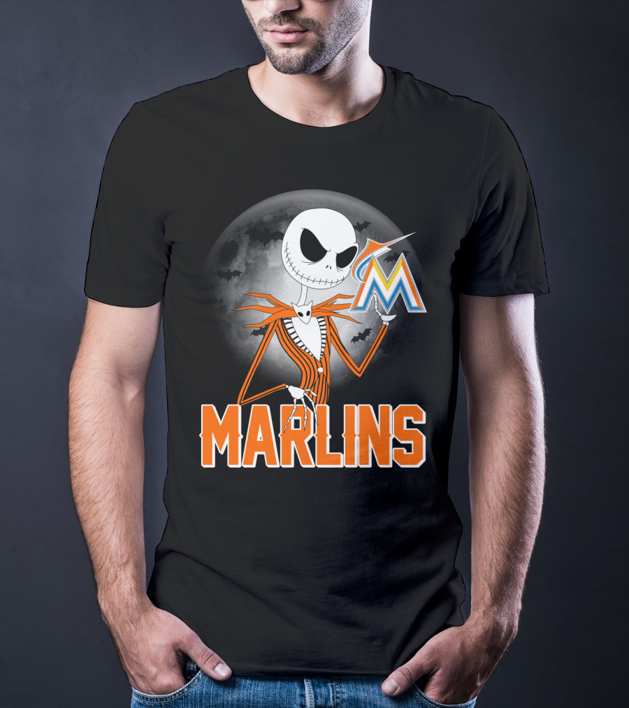 Jack Skellington Miami Marlins Halloween Moon Bat T-Shirt