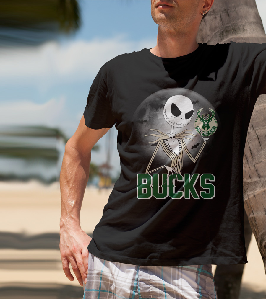 Jack Skellington Halloween Milwaukee Bucks Moon Bats T-Shirt