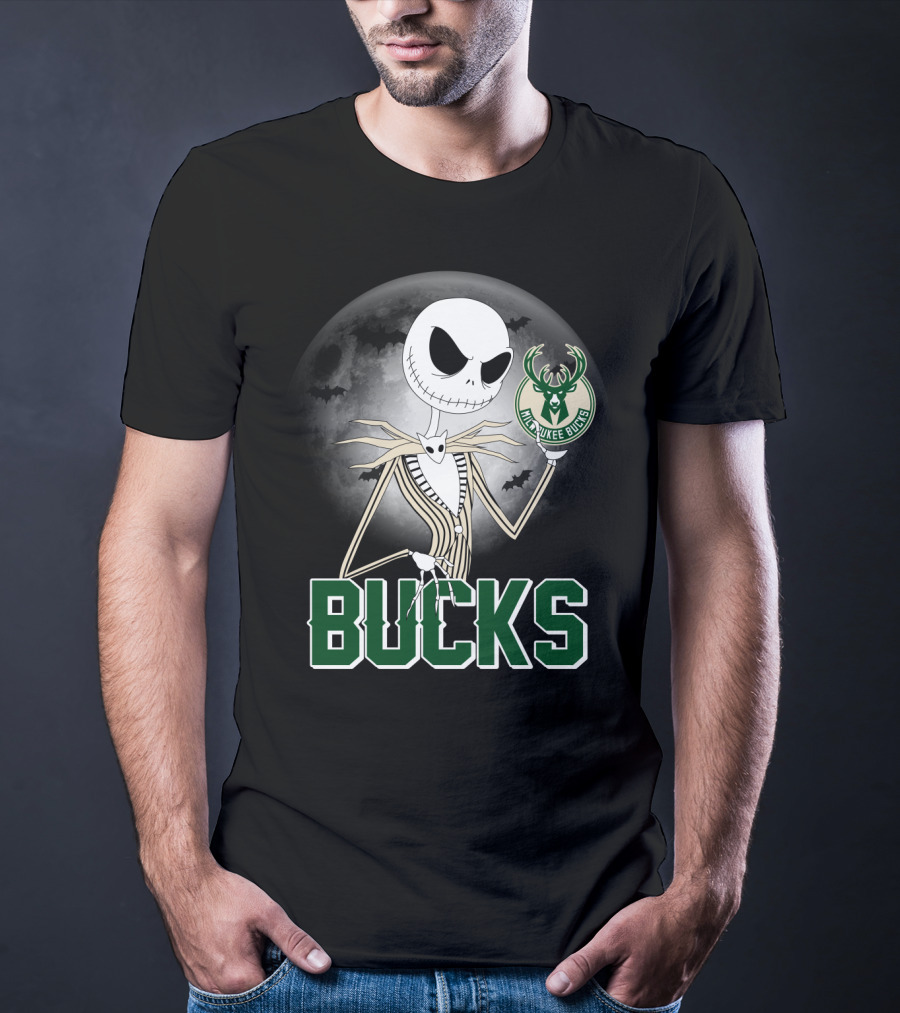 Jack Skellington Halloween Milwaukee Bucks Moon Bats T-Shirt
