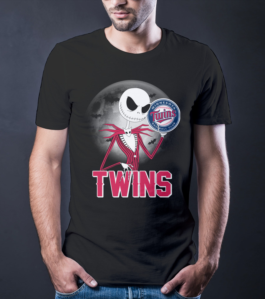 Jack Skellington Halloween Holding Minnesota Twins Baseball Club Logo With Full Moon And Bats In Background T-Shirt