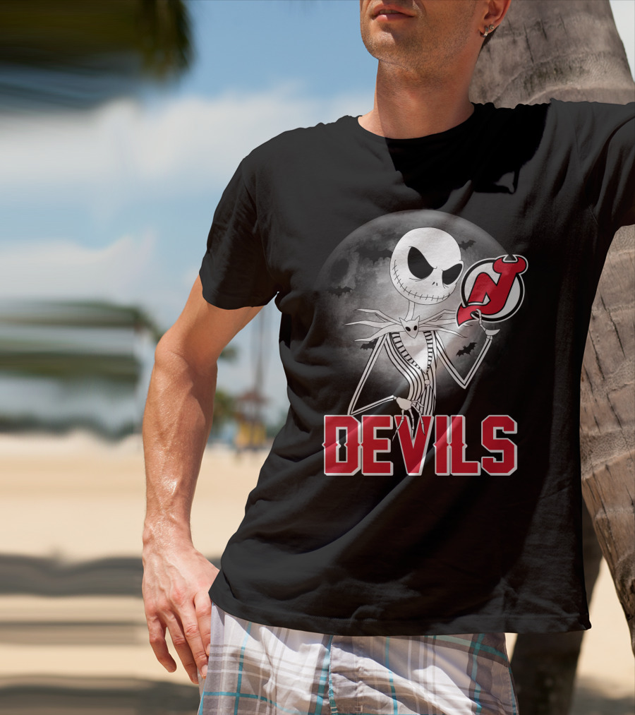 Jack Skellington Halloween Meets New Jersey Devils Moonlit Night T-Shirt