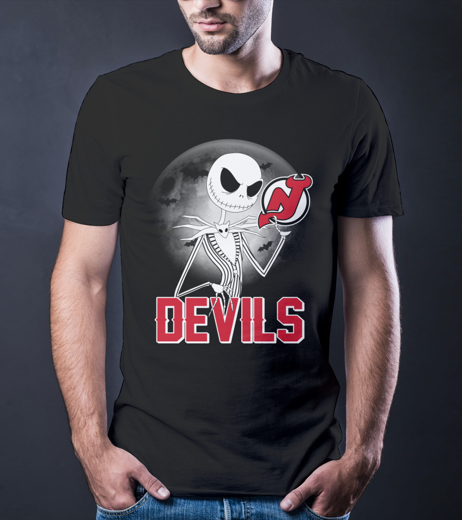 Jack Skellington Halloween Meets New Jersey Devils Moonlit Night T-Shirt