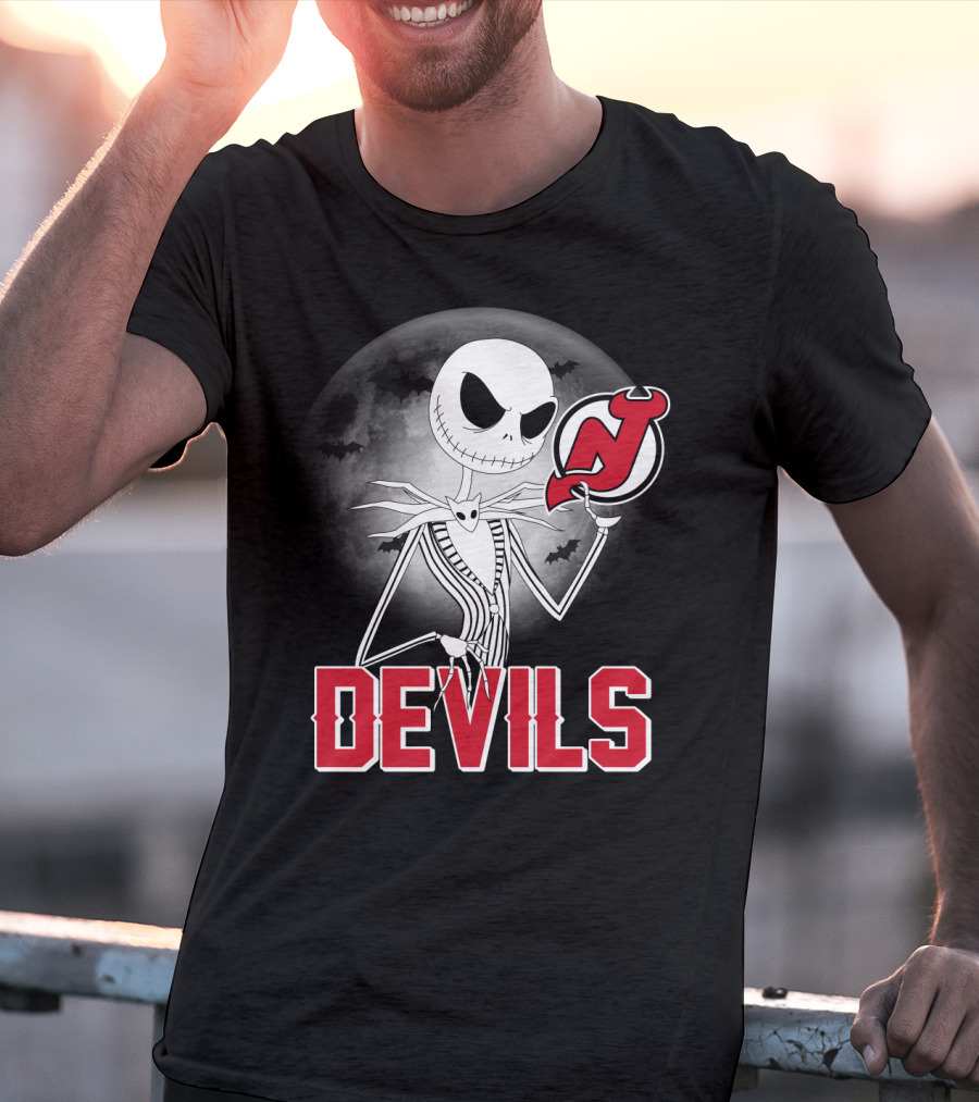 Jack Skellington Halloween Meets New Jersey Devils Moonlit Night T-Shirt