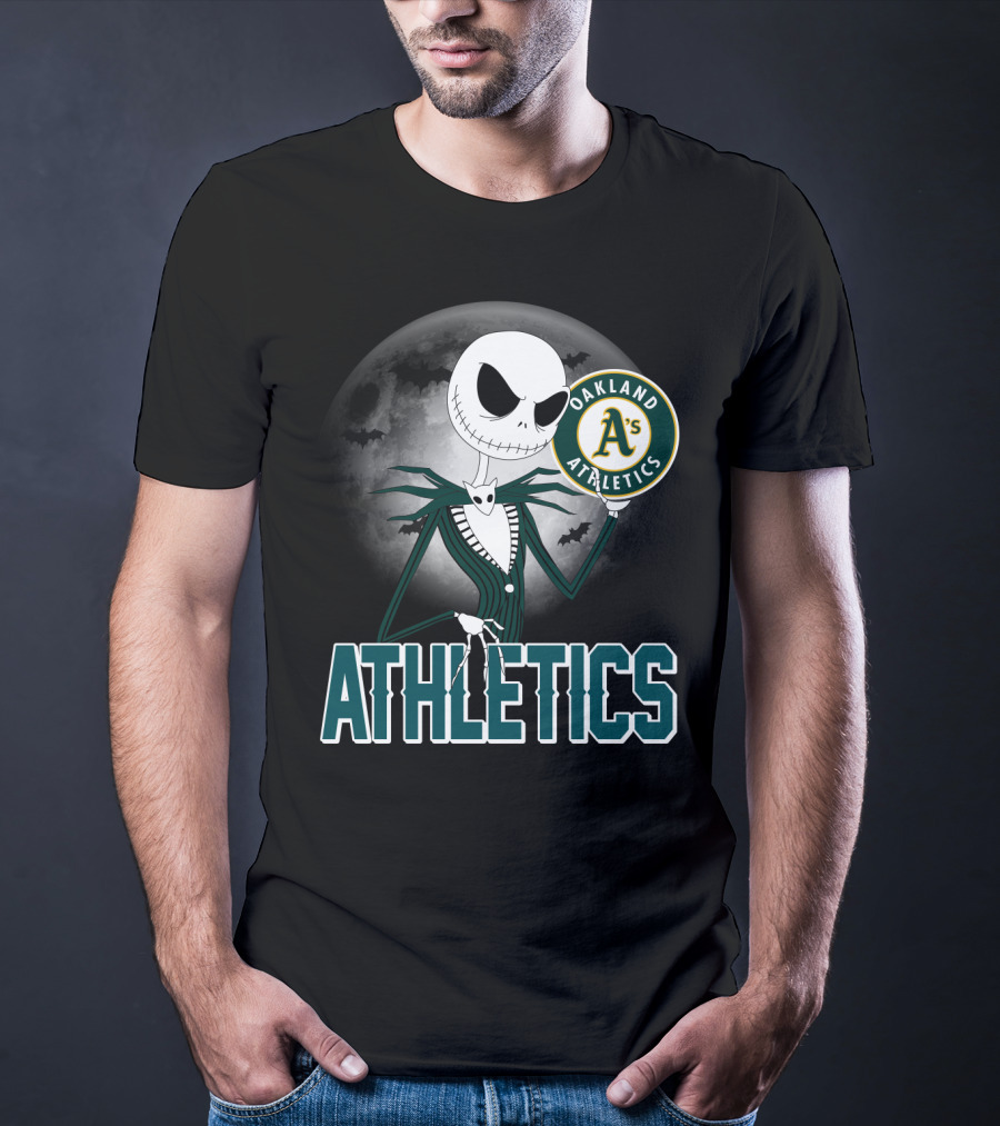 Jack Skellington Holding Oakland Athletics Logo With Halloween Moon And Bats T-Shirt