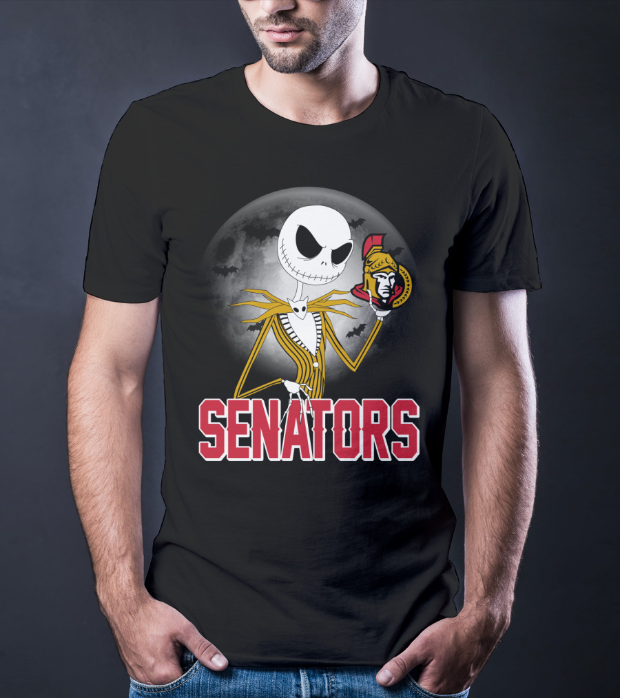 Jack Skellington Ottawa Senators Halloween Crossover With Moon And Bats Background T-Shirt