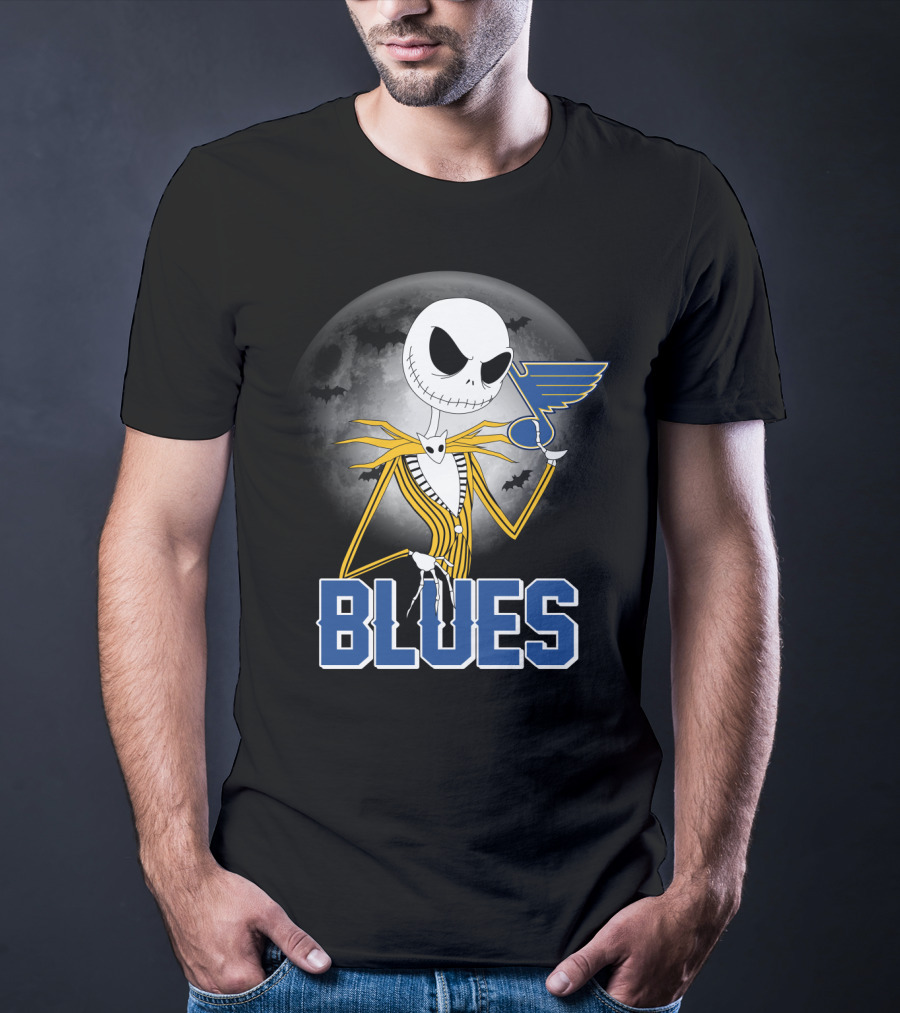 Jack Skellington Holding St. Louis Blues Logo With Halloween Moon Background T-Shirt