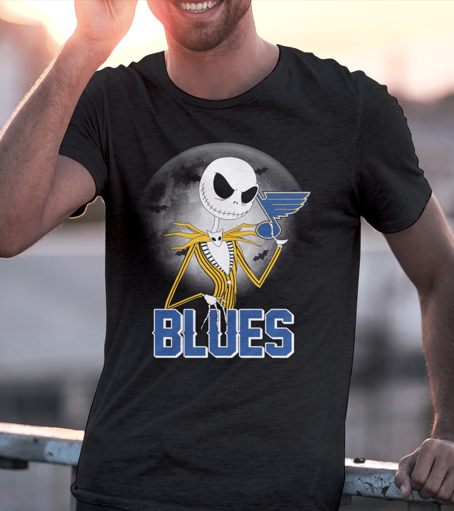 Jack Skellington Holding St. Louis Blues Logo With Halloween Moon Background T-Shirt