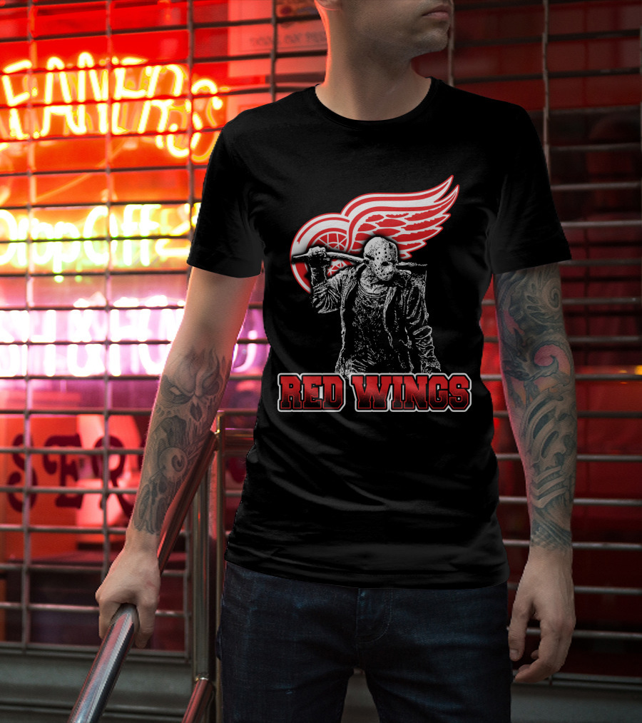 Jason Voorhees With Hockey Mask And Machete In Front Of Detroit Red Wings Logo Text Red Wings T-Shirt