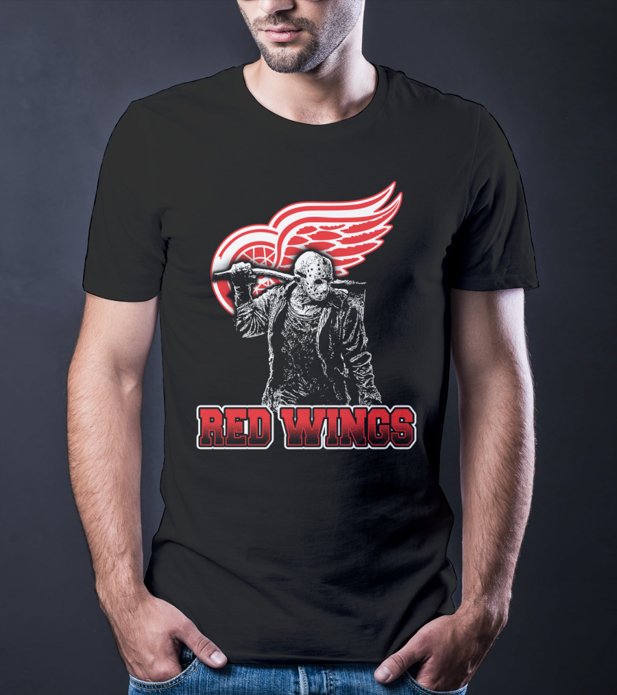 Jason Voorhees With Hockey Mask And Machete In Front Of Detroit Red Wings Logo Text Red Wings T-Shirt