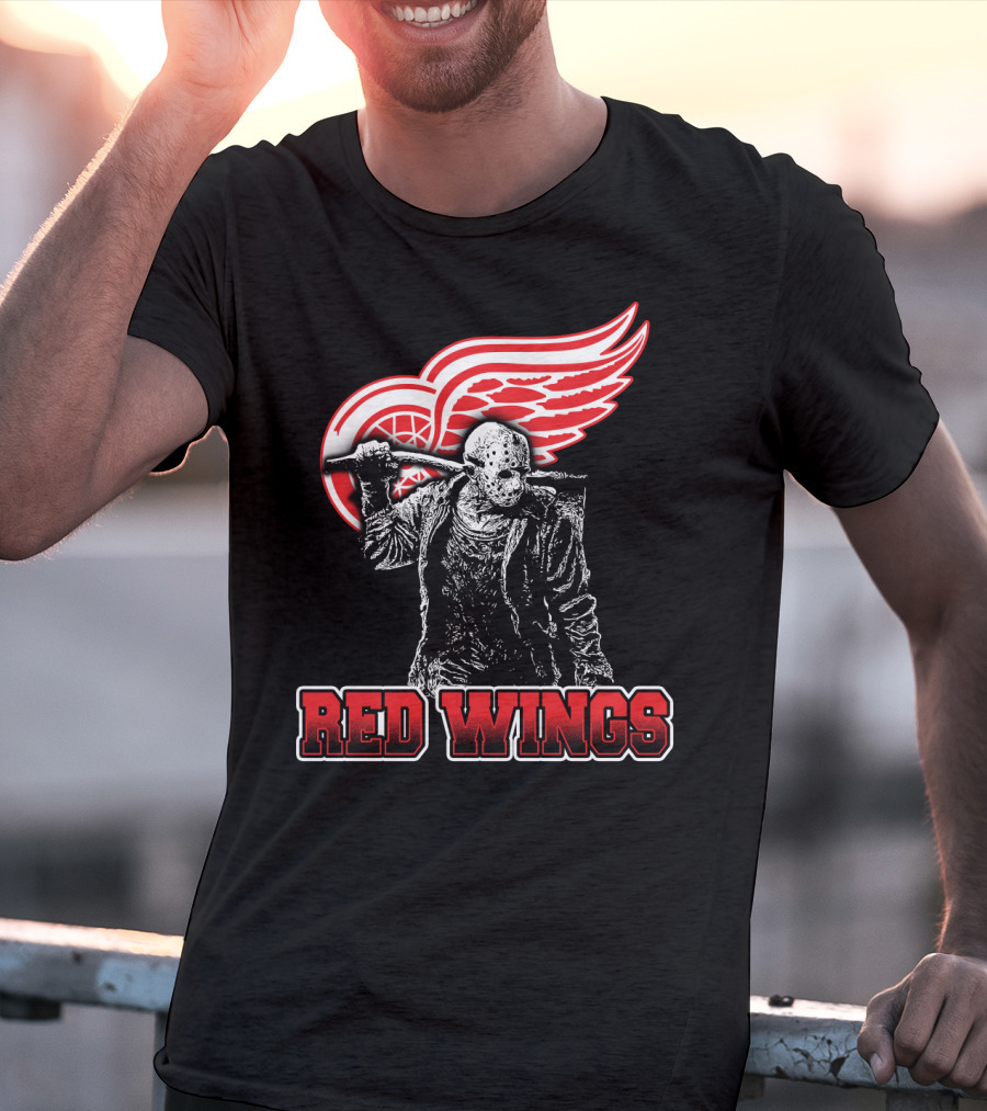 Jason Voorhees With Hockey Mask And Machete In Front Of Detroit Red Wings Logo Text Red Wings T-Shirt