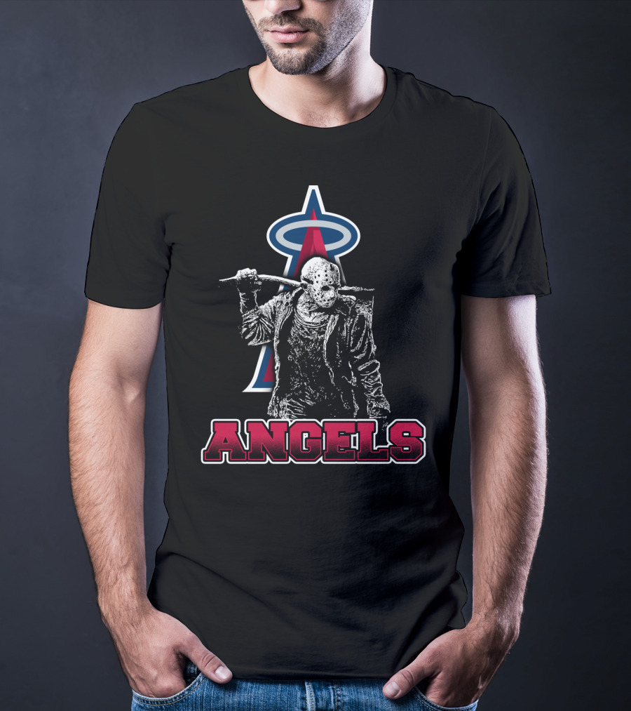 Jason Voorhees With Baseball Bat And Los Angeles Angels Logo Featuring Bold Angels Text T-Shirt