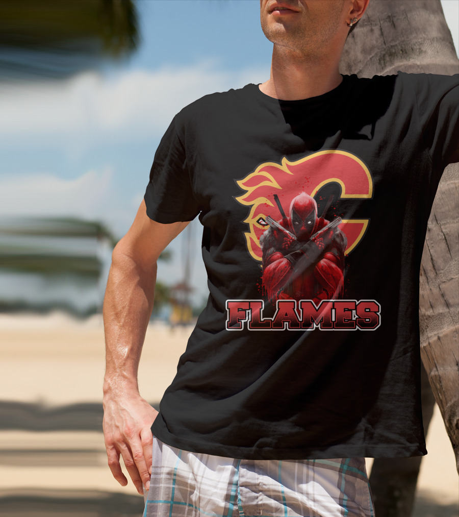 Deadpool Calgary Flames Crossover Fan Tribute T-Shirt