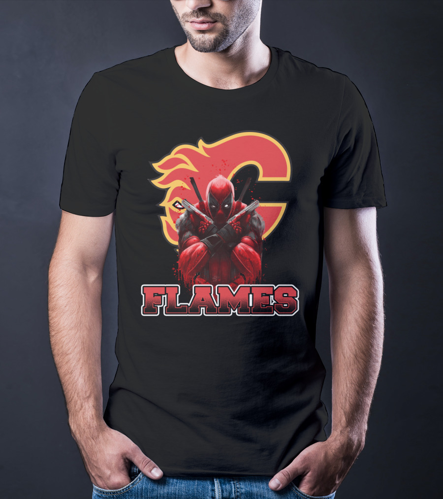 Deadpool Calgary Flames Crossover Fan Tribute T-Shirt