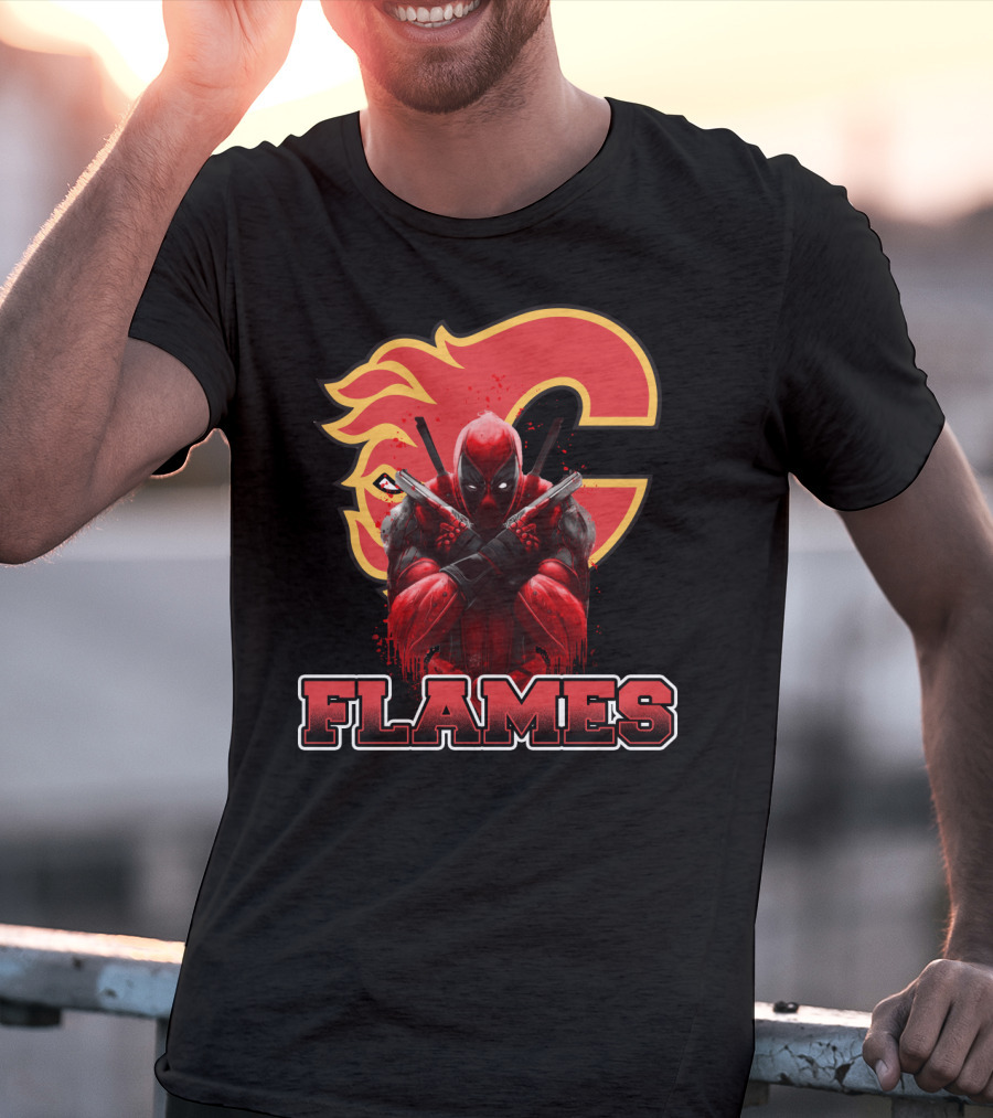 Deadpool Calgary Flames Crossover Fan Tribute T-Shirt