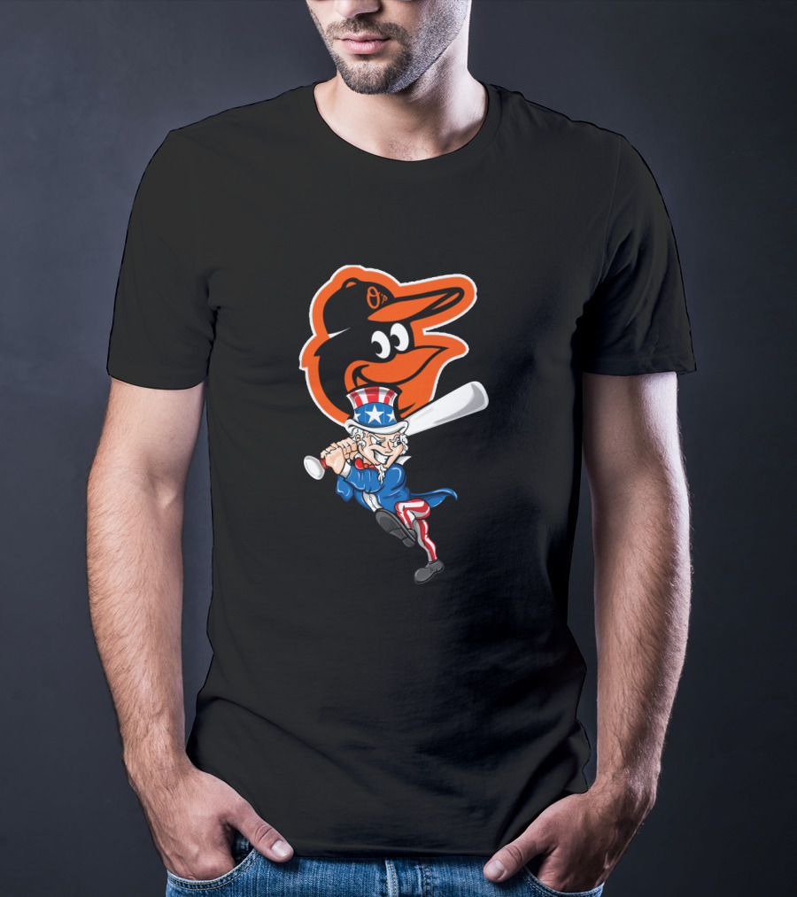 Uncle Sam Swinging Baseball Bat With Baltimore Orioles Logo For 4Th Of July Celebration T-Shirt