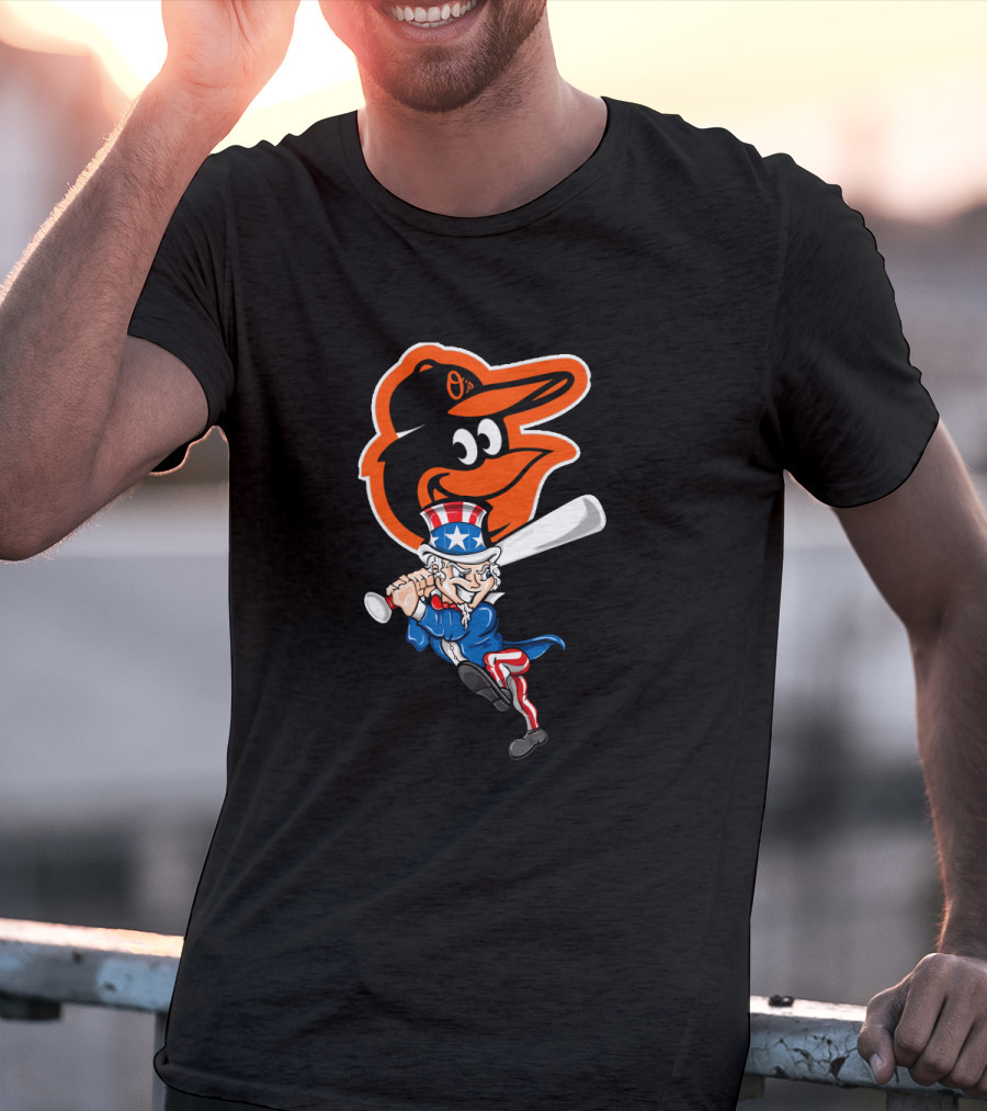 Uncle Sam Swinging Baseball Bat With Baltimore Orioles Logo For 4Th Of July Celebration T-Shirt