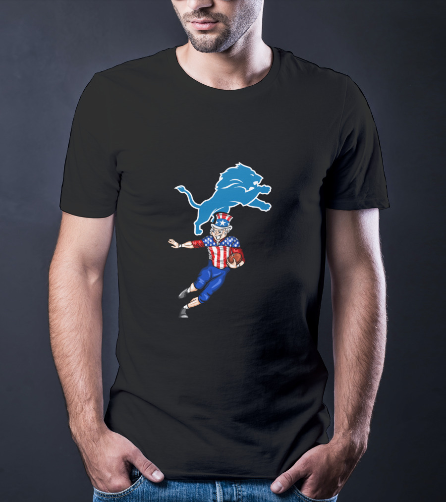 Uncle Sam Football Run With Detroit Lions For 4Th Of July Celebration T-Shirt