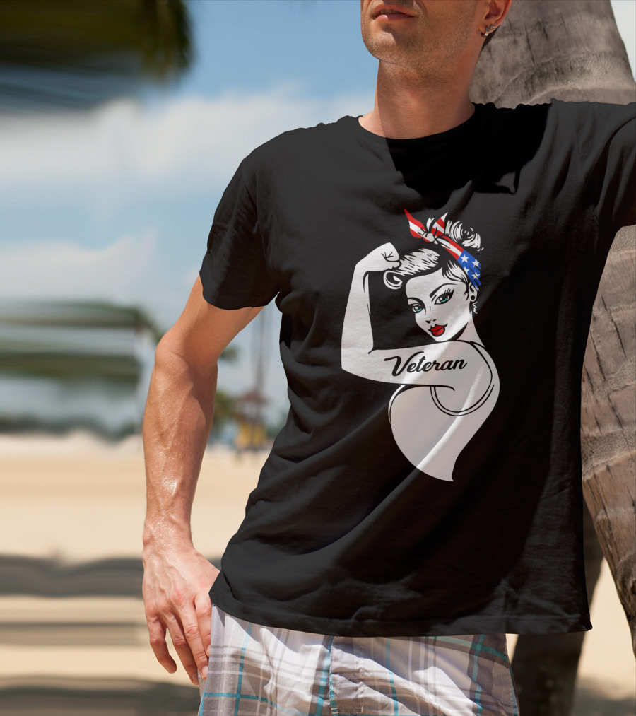 Veteran Strong Woman With Patriotic Headband Rosie The Riveter Style T-Shirt