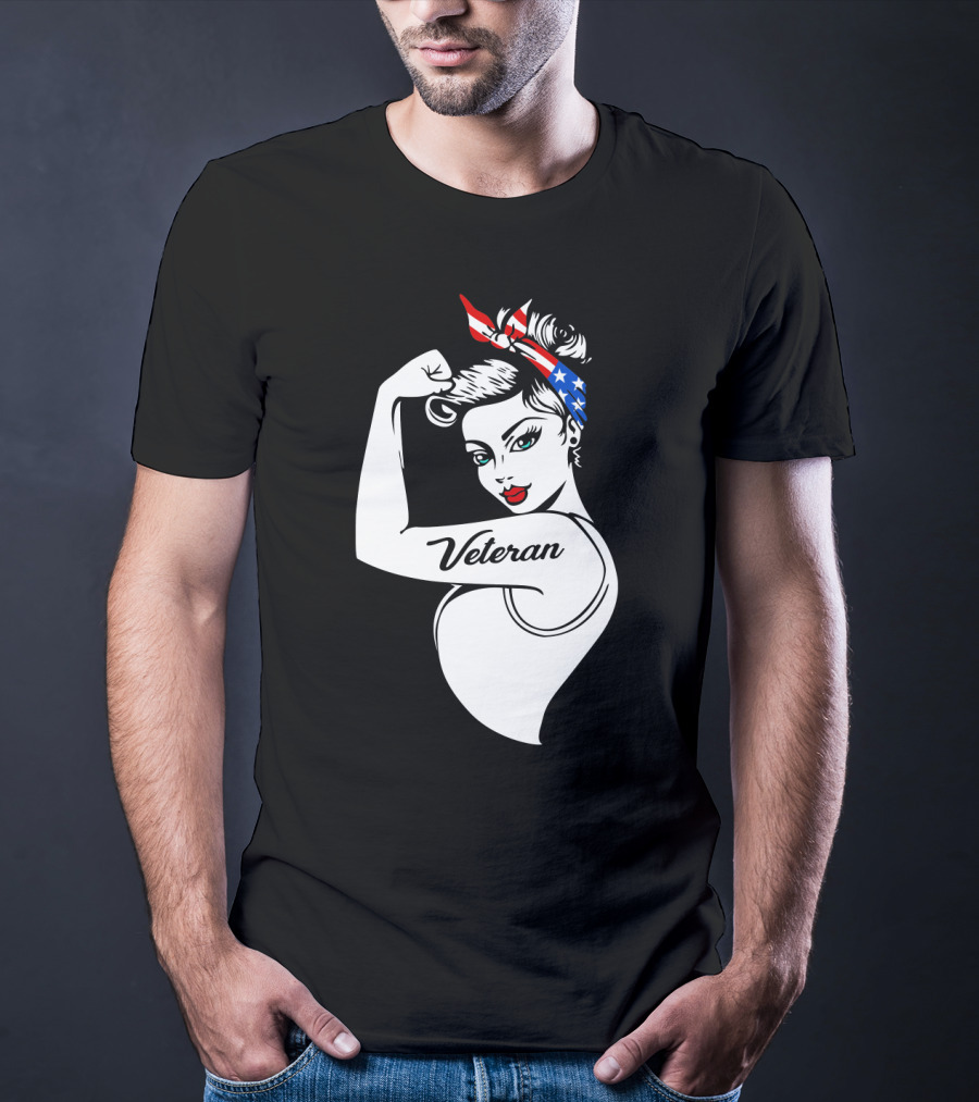 Veteran Strong Woman With Patriotic Headband Rosie The Riveter Style T-Shirt