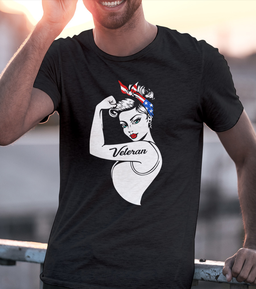 Veteran Strong Woman With Patriotic Headband Rosie The Riveter Style T-Shirt