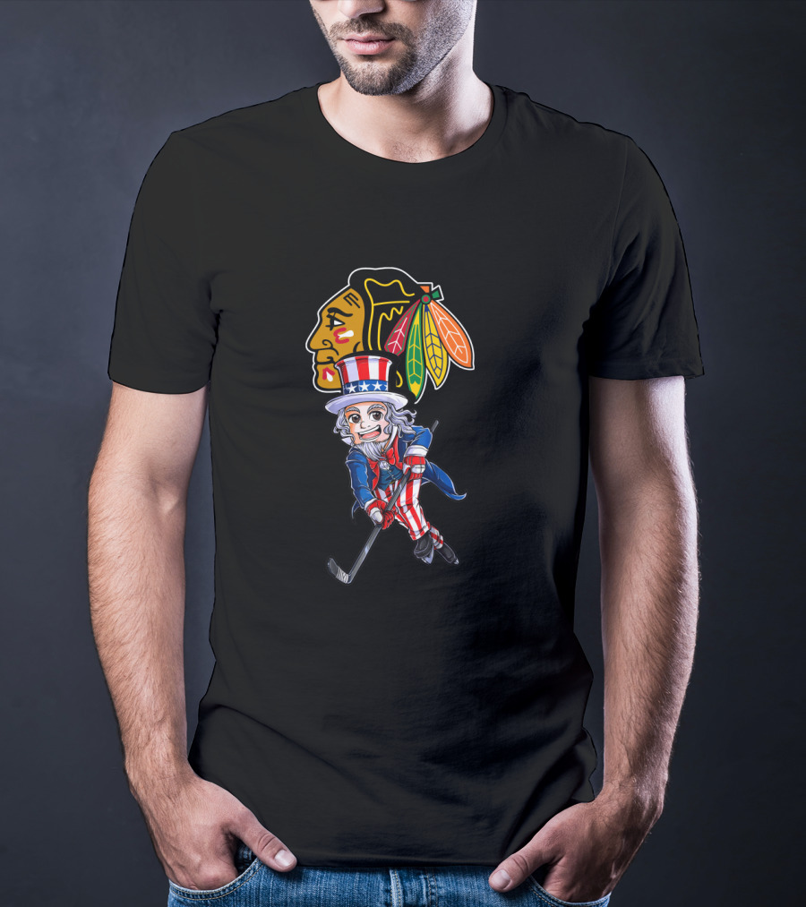 Uncle Sam Playing Hockey With Chicago Blackhawks For 4Th Of July Celebration T-Shirt