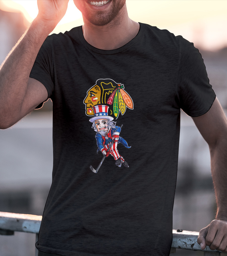 Uncle Sam Playing Hockey With Chicago Blackhawks For 4Th Of July Celebration T-Shirt