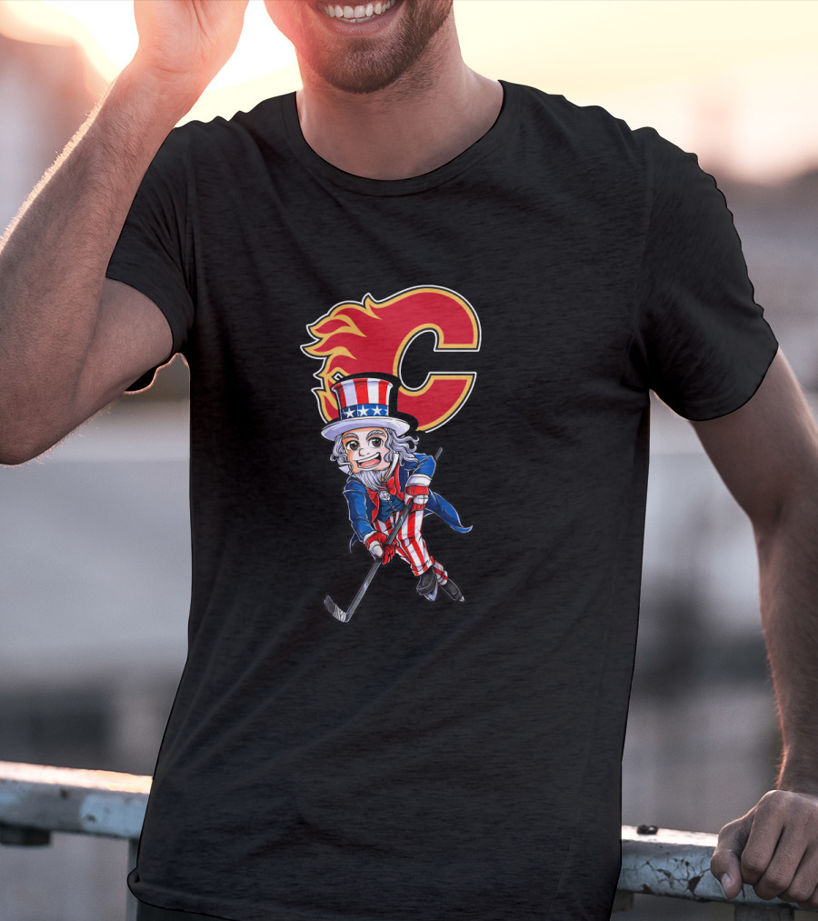 Uncle Sam Playing Hockey With Calgary Flames Emblem For 4Th Of July Celebration T-Shirt