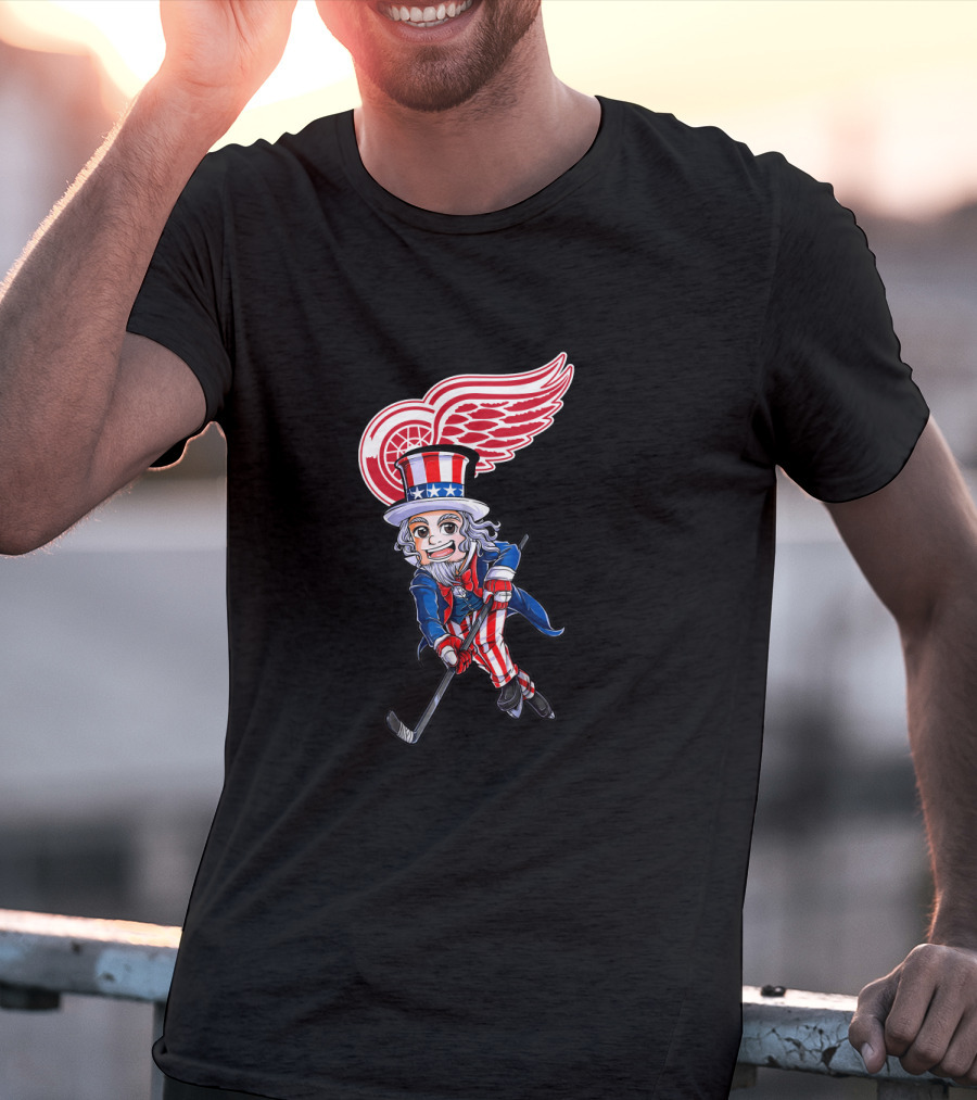 Uncle Sam Hockey With Detroit Red Wings Logo For 4Th Of July Celebration T-Shirt