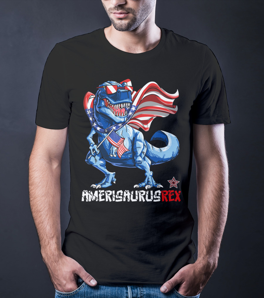 Amerisaurus Rex Dinosaur With Usa Flag And Star Sunglasses For Patriotic 4Th Of July T-Shirt