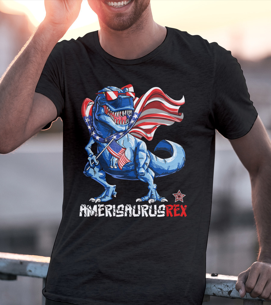 Amerisaurus Rex Dinosaur With Usa Flag And Star Sunglasses For Patriotic 4Th Of July T-Shirt