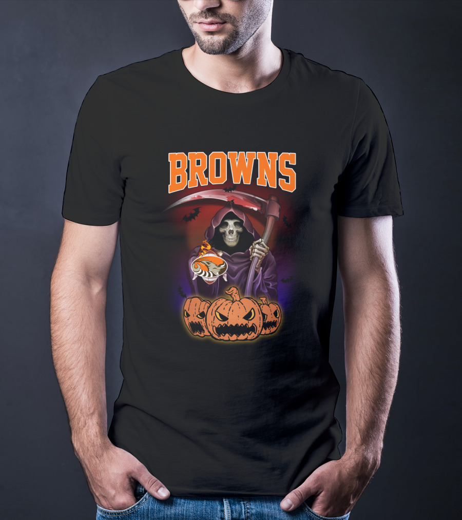 Cleveland Browns Reaper With Scythe And Pumpkins T-Shirt