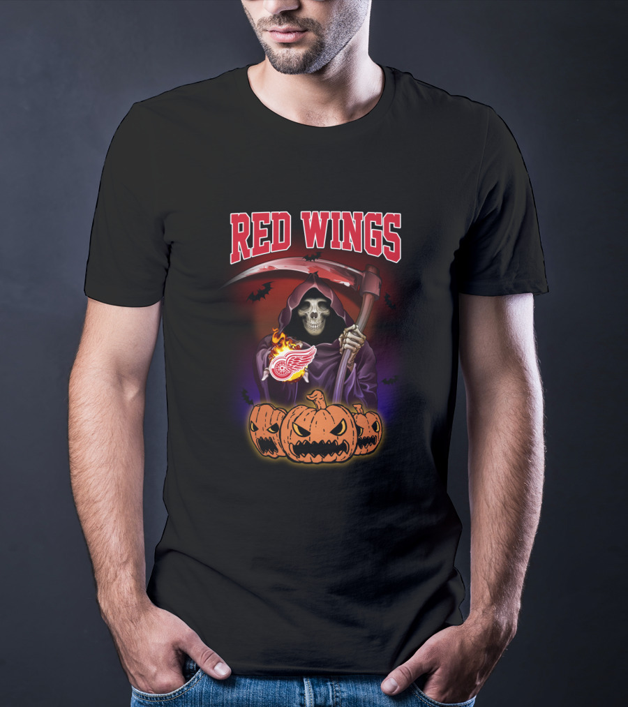 Red Wings Reaper Holding Scythe With Halloween Pumpkins And Detroit T-Shirt