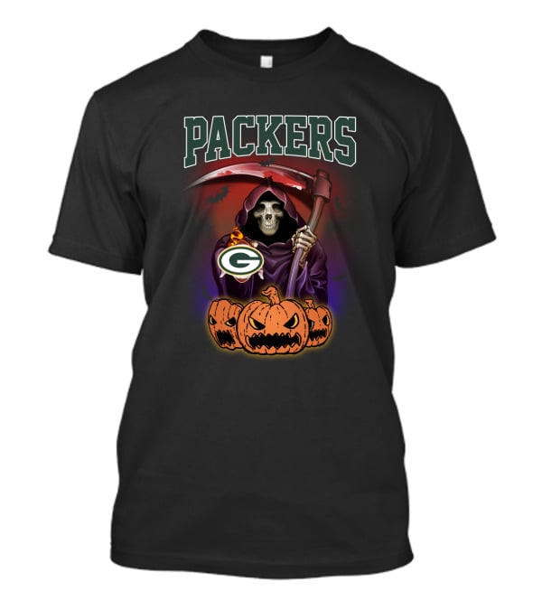Packers Grim Reaper Holding Scythe With Pumpkins And Green Bay Logo Halloween T-Shirt