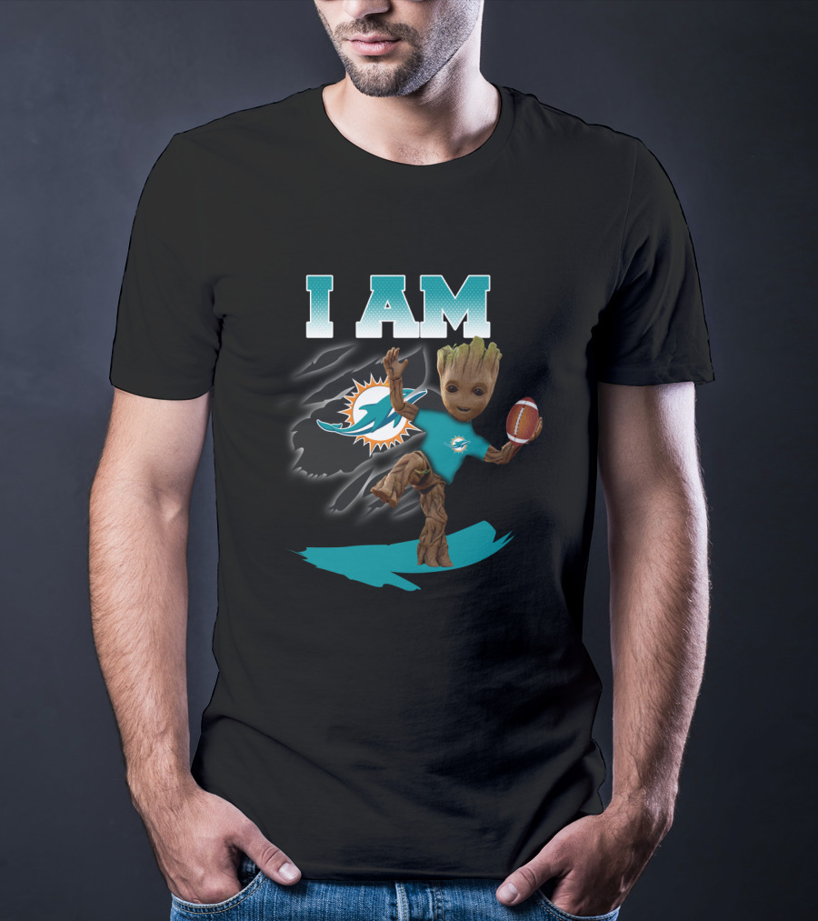 I Am Miami Dolphins Groot With Football T-Shirt