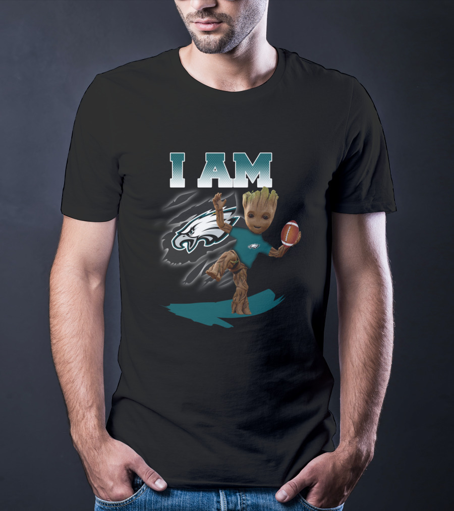 I Am Philadelphia Eagles Groot With Football T-Shirt