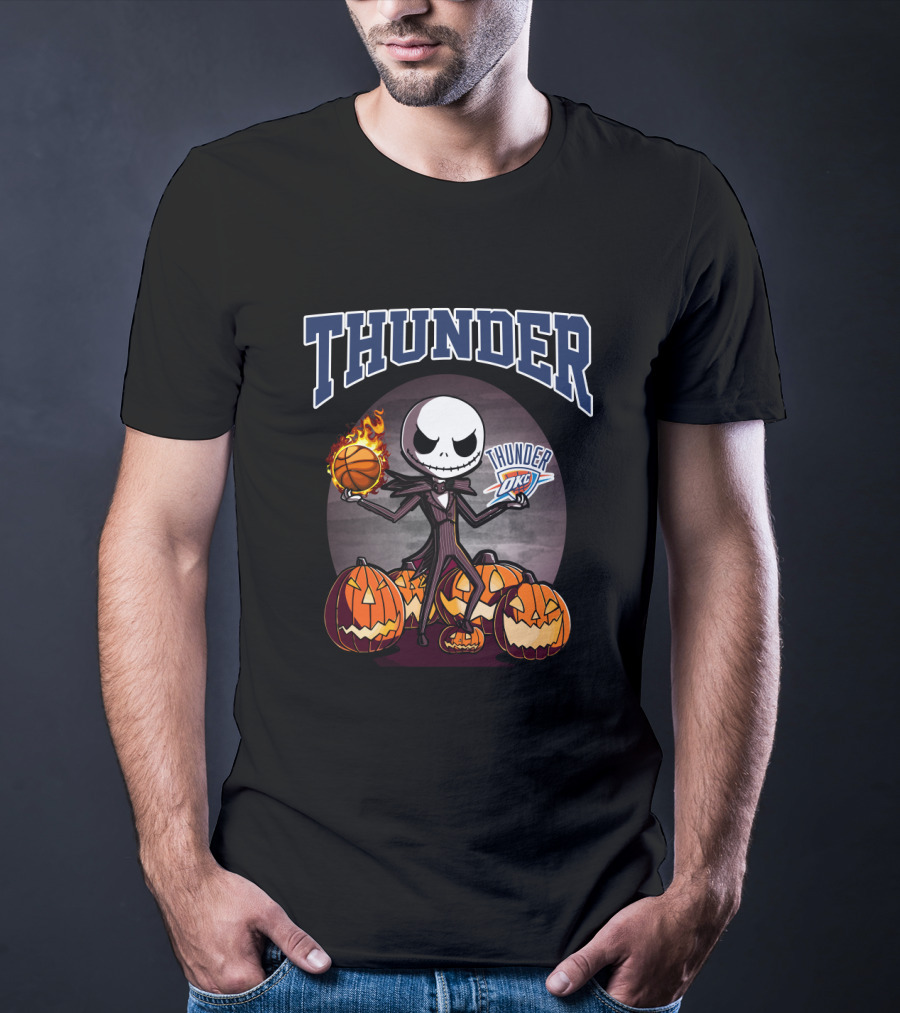 Thunder Jack Skellington Halloween Oklahoma City Thunder Basketball Pumpkins T-Shirt