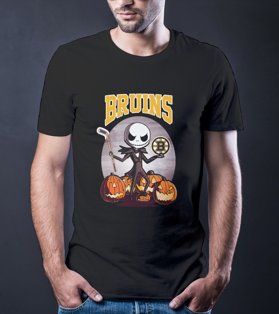 Bruins Jack Skellington Halloween With Boston Hockey Pumpkins T-Shirt