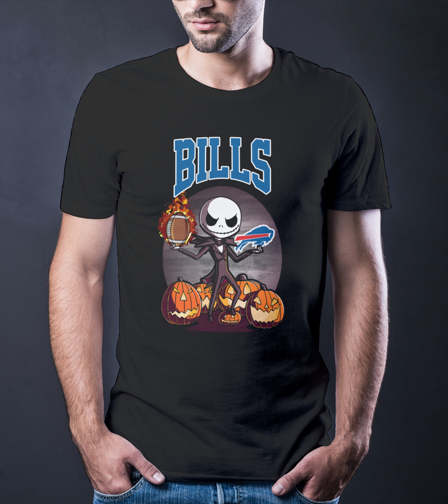 Jack Skellington Buffalo Bills Halloween Pumpkins Football And Flames T-Shirt