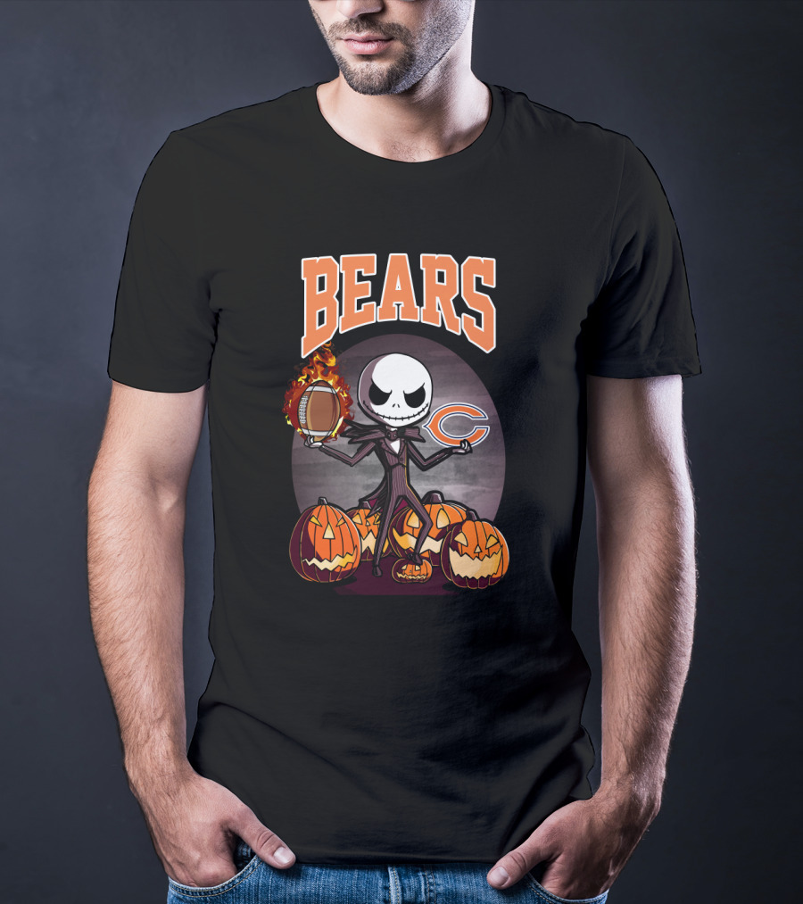 Bears Jack Skellington Halloween Chicago Football Theme With Pumpkins T-Shirt