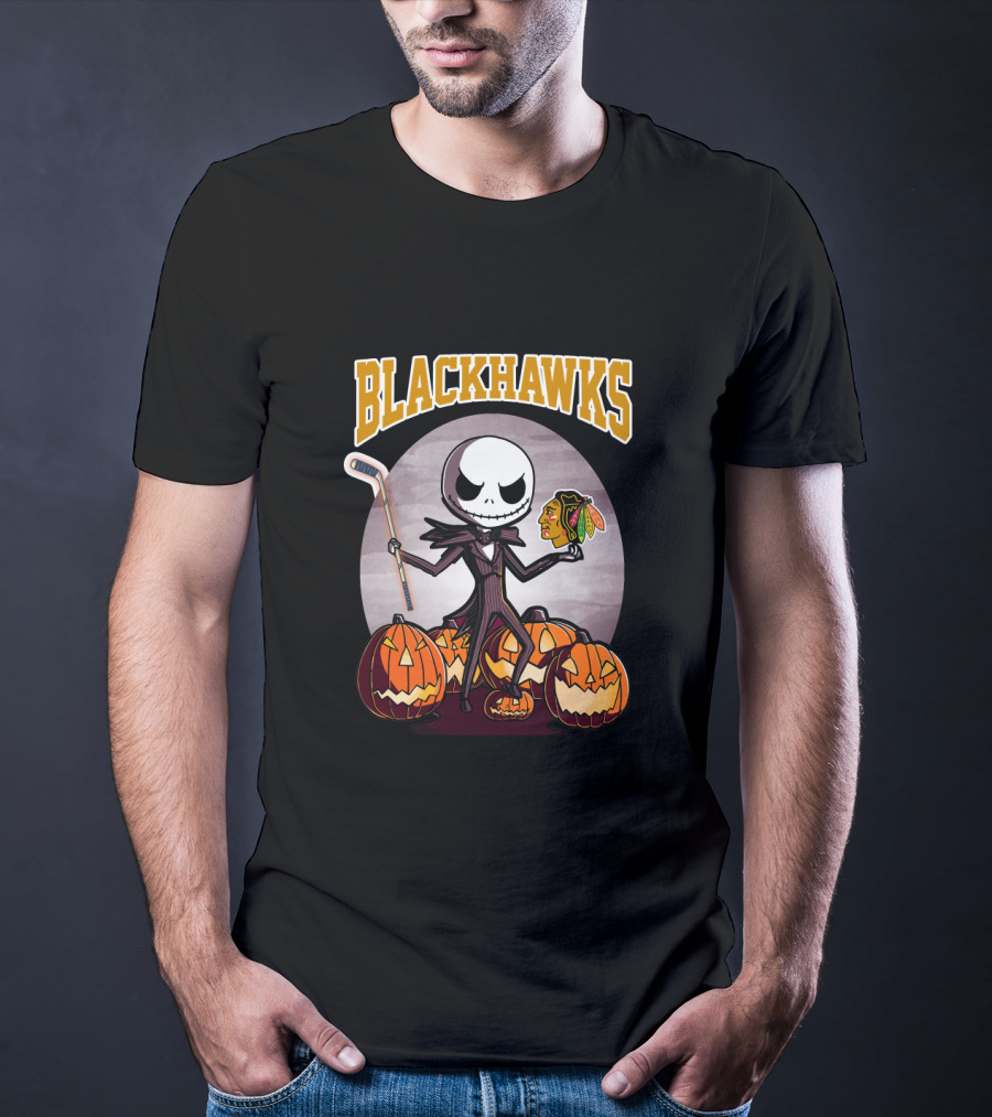 Jack Skellington Holding Chicago Blackhawks Logo Surrounded By Halloween Pumpkins T-Shirt