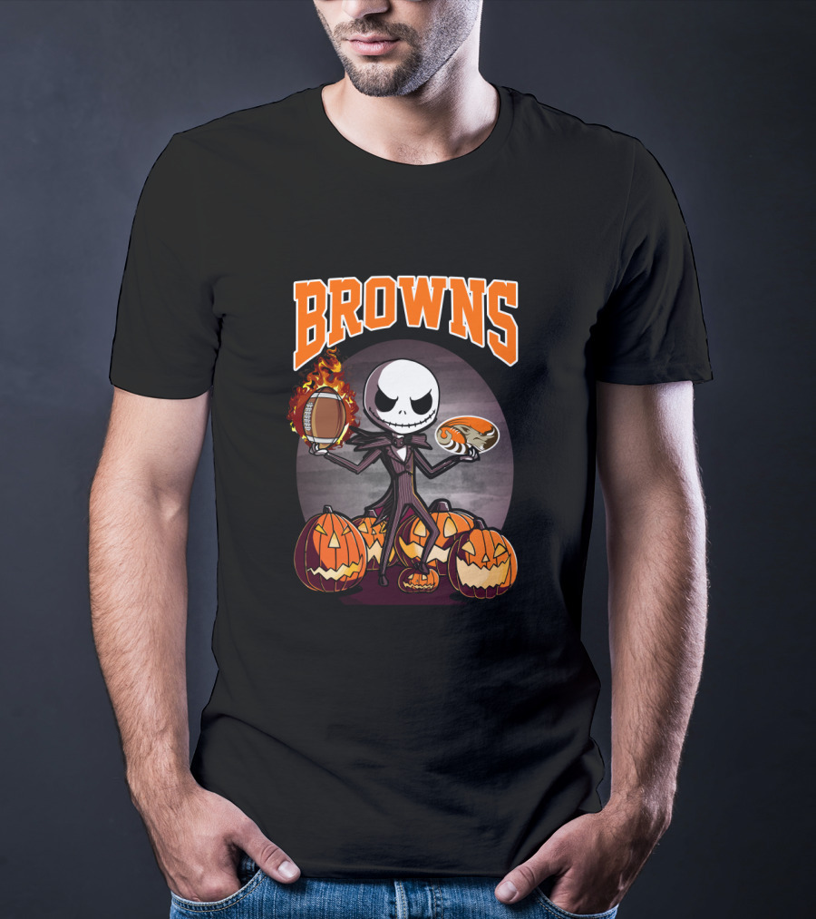 Jack Skellington Halloween Cleveland Browns Pumpkin Fire Football T-Shirt