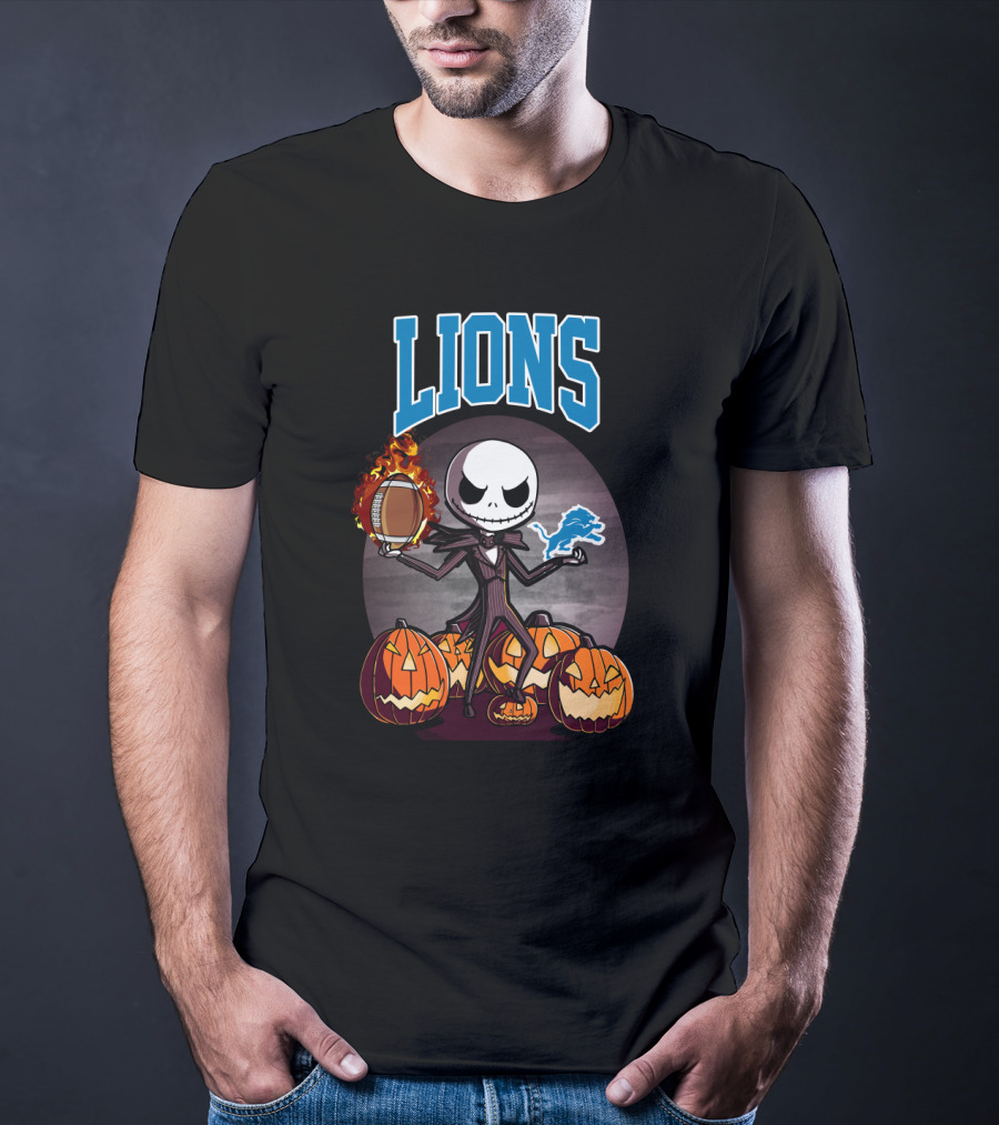 Jack Skellington Detroit Lions Halloween Football With Pumpkins T-Shirt