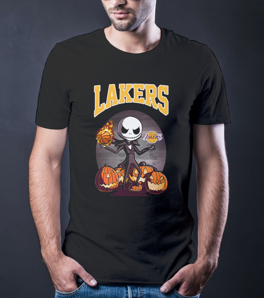 Lakers Jack Skellington Halloween Basketball With Pumpkins And Los Angeles Lakers T-Shirt