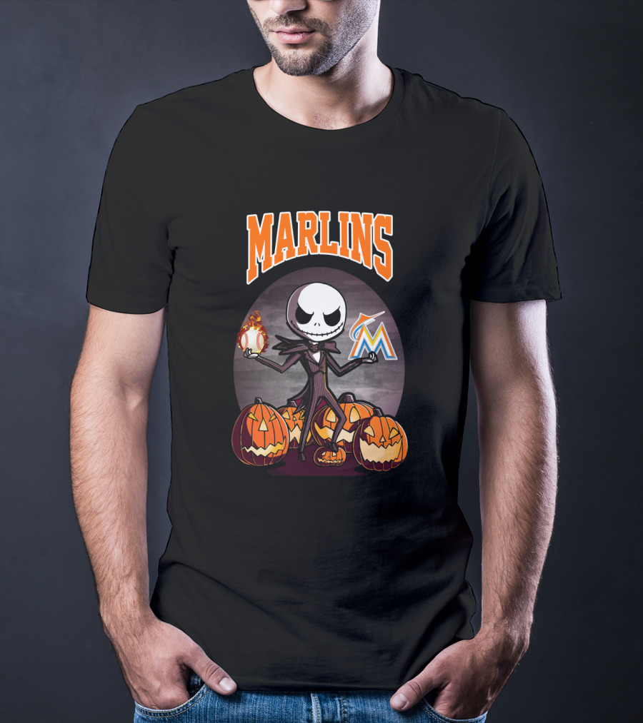 Marlins Jack Skellington With Pumpkins And Miami Baseball T-Shirt