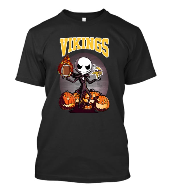 Jack Skellington Halloween Minnesota Vikings Football And Pumpkins T-Shirt