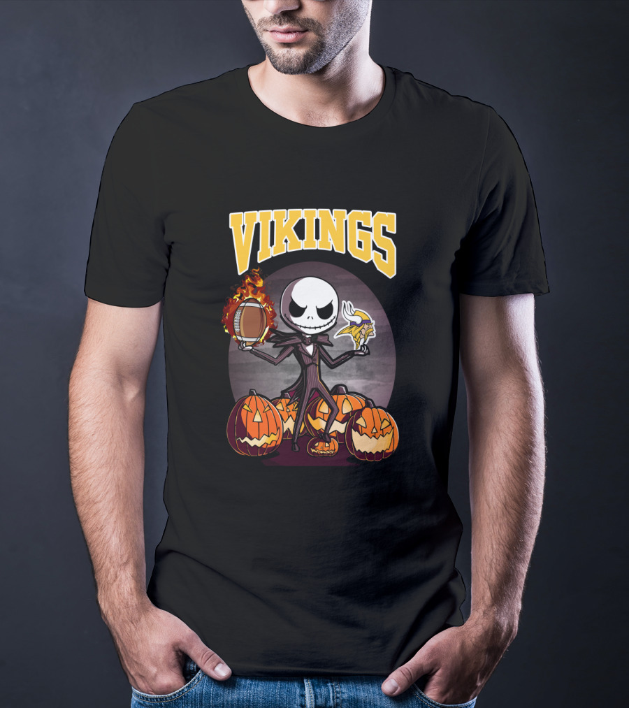 Jack Skellington Halloween Minnesota Vikings Football And Pumpkins T-Shirt