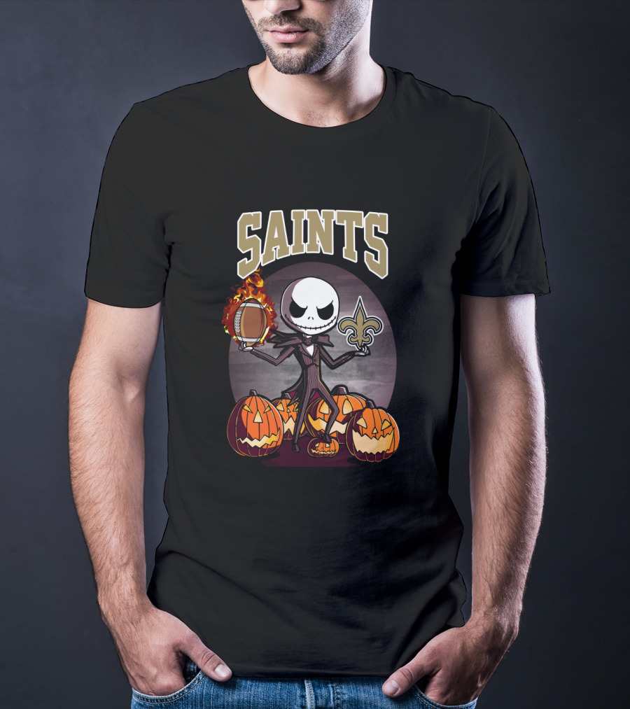 Saints Jack Skellington Halloween Football Pumpkins Fleur-De-Lis T-Shirt