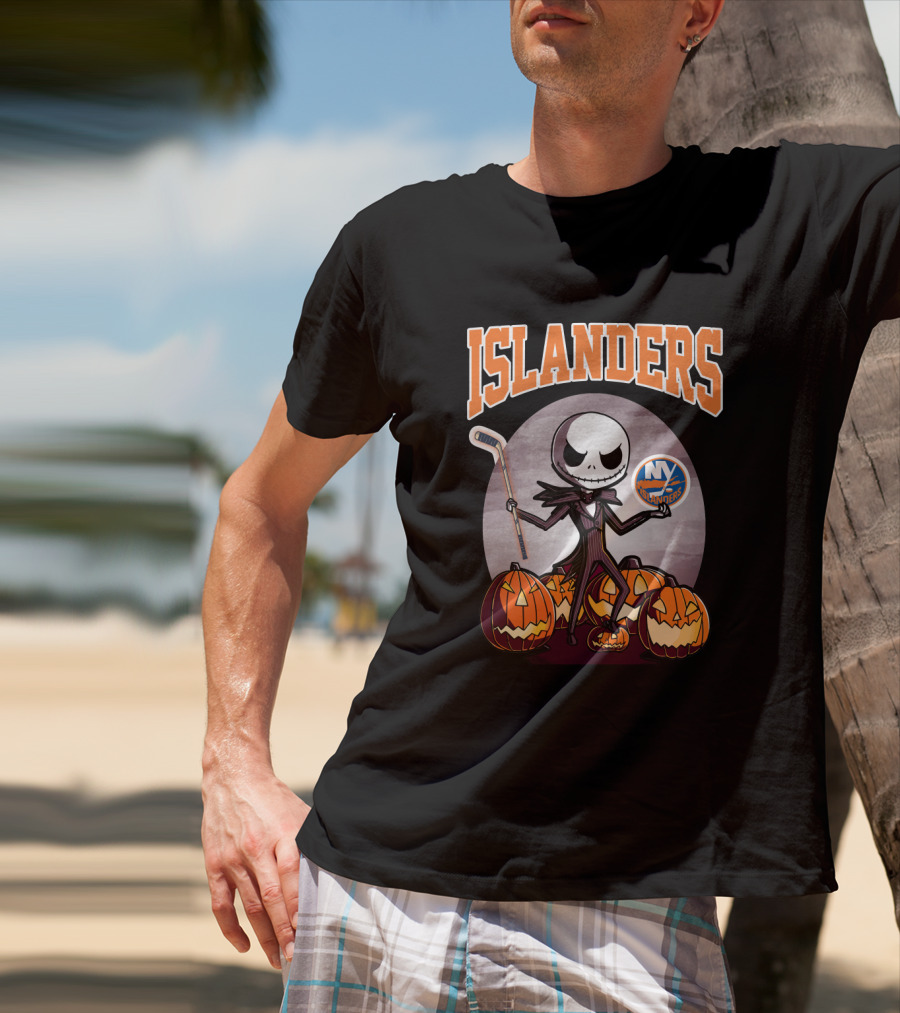 Jack Skellington Halloween New York Islanders Hockey Pumpkins T-Shirt