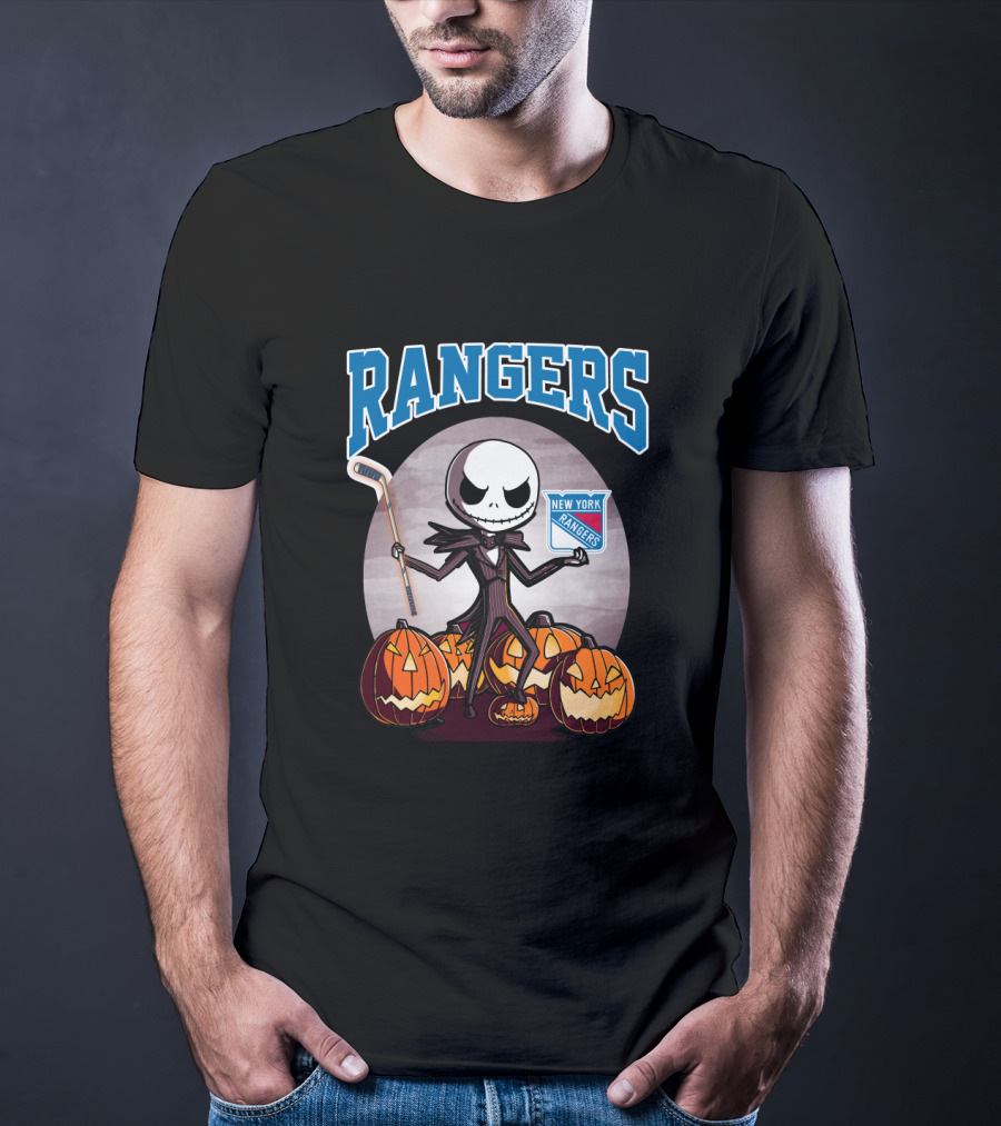 New York Rangers Jack Skellington Halloween Holding Hockey Stick With Pumpkins T-Shirt